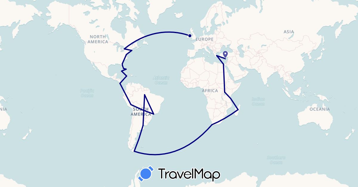 TravelMap itinerary: driving in Argentina, Brazil, Bahamas, Canada, Costa Rica, Cuba, Cyprus, Egypt, Greece, Ireland, Jamaica, Madagascar, Peru, Tanzania, Uganda, United States, South Africa (Africa, Asia, Europe, North America, South America)